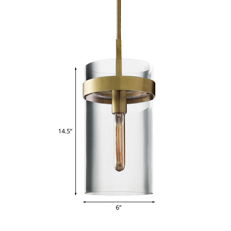 Postmodern Brass Cylinder Ceiling Pendant Light With Clear Glass