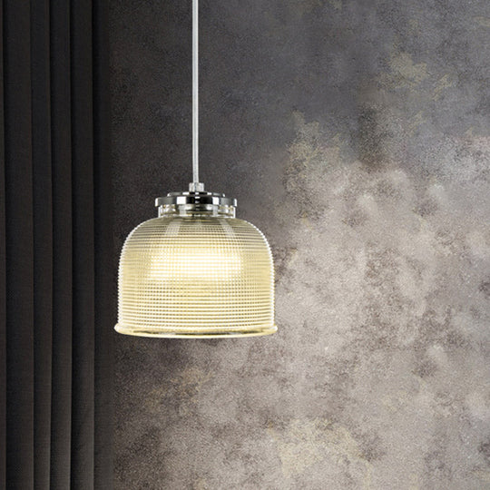 Modernist Latticed Glass Bowl Pendant Light - Chrome Ceiling Lamp For Table