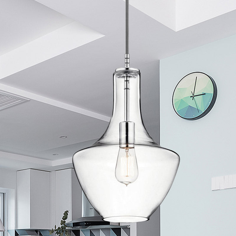 Minimalist Chrome Pendant Light With Clear Glass Urn Shape- 1-Light Ceiling Lamp