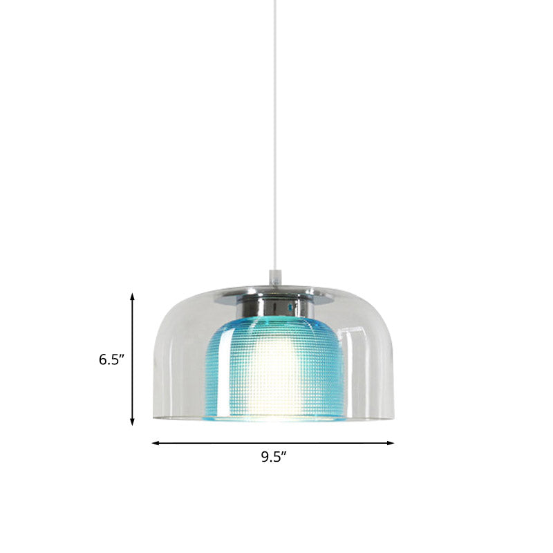 Bowl Pendant Light - Clear And Blue Latticed Glass Modern Suspension Lamp