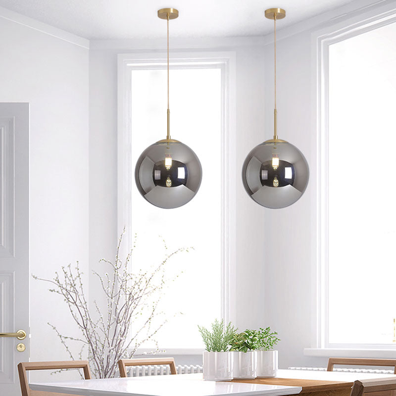 Modernist Tan And Smoke Gray Mirror Glass Globe Pendant Light - 6/10 Wide 1 Suspension Lamp For