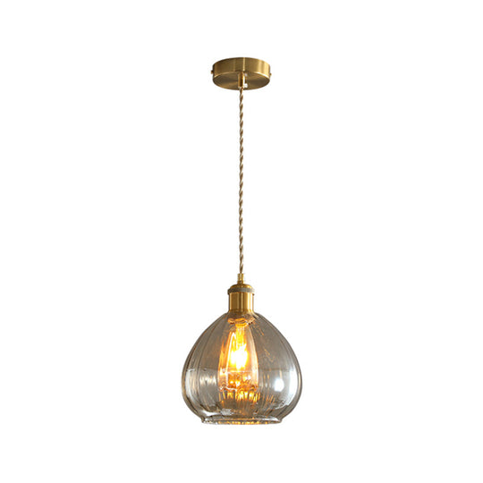 Vintage Gold Pendant Lamp With Amber Glass Shade - Dining Room Lighting Fixture