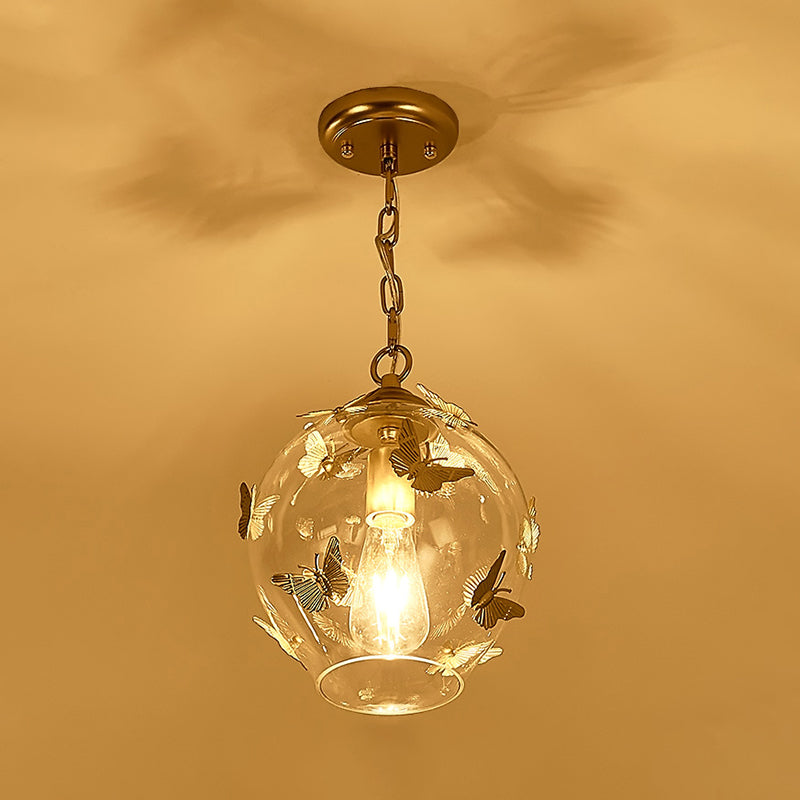 Clear Glass Bud Drop Pendant Light - Contemporary 1-Light Bedroom Suspension Lamp With Butterfly