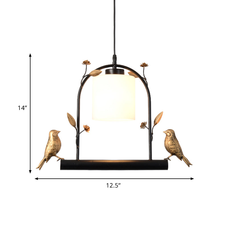 Modern Birdcage Ceiling Light With Black & Gold Metal Cream Glass Shade Bird Decor
