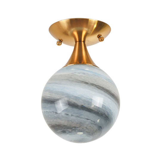 Contemporary Globe Blue Glass Flush Mount Light Fixture - 1 Gold Lamp