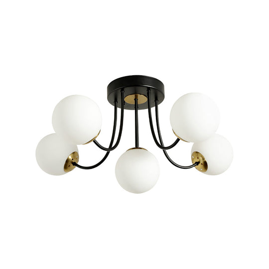 Modern Semi - Flush Ceiling Light: Spherical Design White Frosted/Amber Glass 5 Bulbs | Bedroom