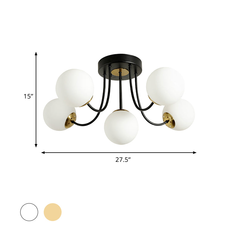 Modern Semi - Flush Ceiling Light: Spherical Design White Frosted/Amber Glass 5 Bulbs | Bedroom