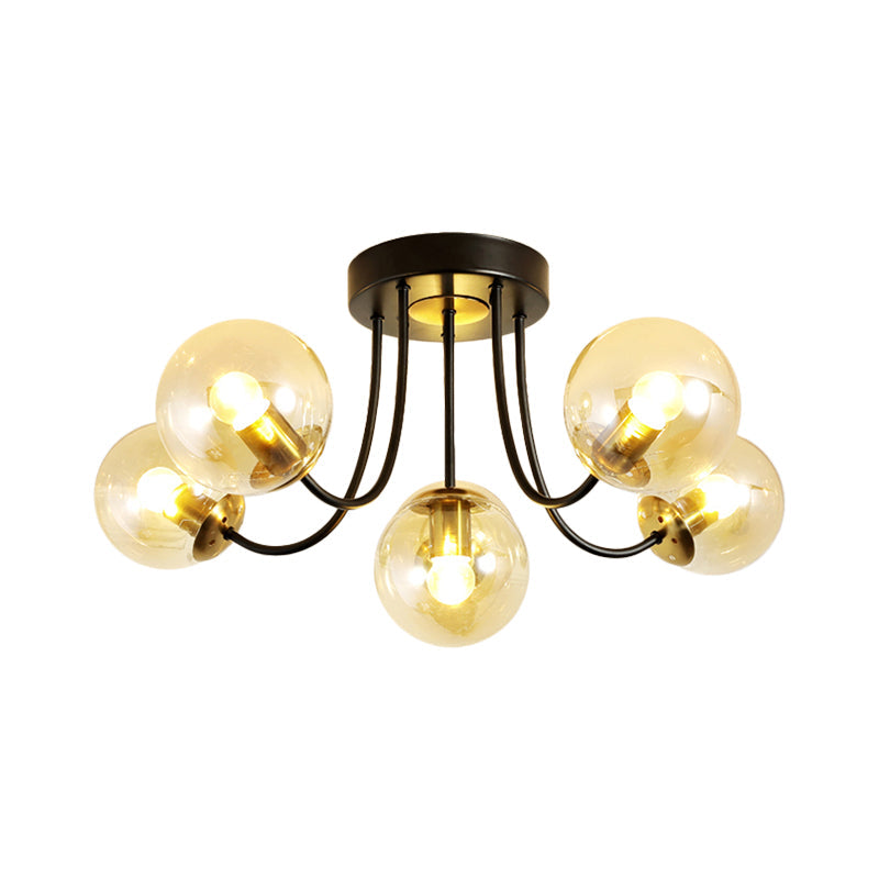 Modern Semi - Flush Ceiling Light: Spherical Design White Frosted/Amber Glass 5 Bulbs | Bedroom