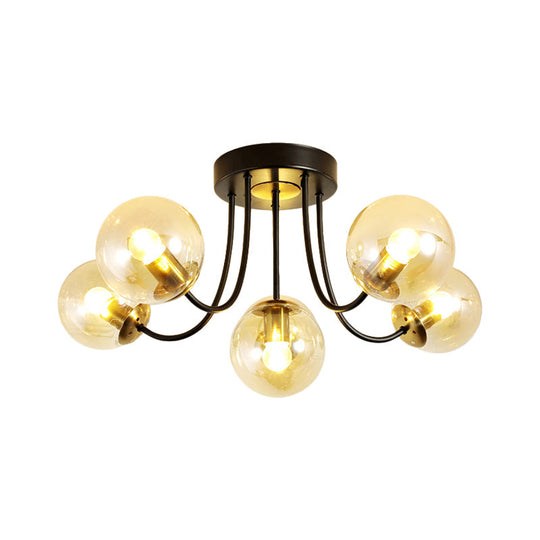 Modern Semi - Flush Ceiling Light: Spherical Design White Frosted/Amber Glass 5 Bulbs | Bedroom