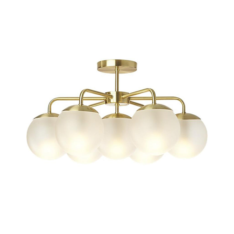 7 - Head Bedroom Semi Flush Brass Ceiling Lamp With Radial Postmodern Design And Ball Foggy Glass