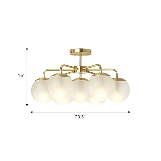 7 - Head Bedroom Semi Flush Brass Ceiling Lamp With Radial Postmodern Design And Ball Foggy Glass