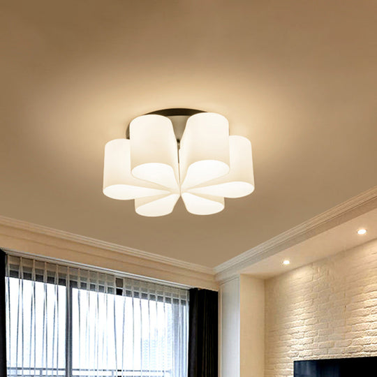 Contemporary 6-Head Black Flush Mount: Flower Milk White Glass Lighting For Living Room
