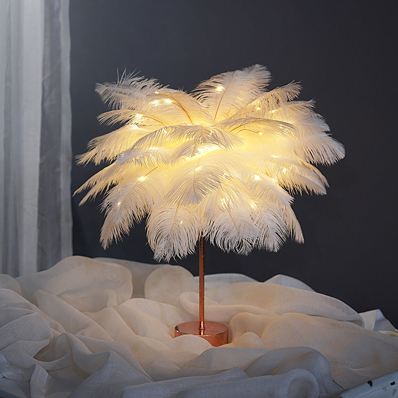 Stylish Pink/White Palmtree Night Lamp - Feather Battery Powered Led Table Light With Usb Charging