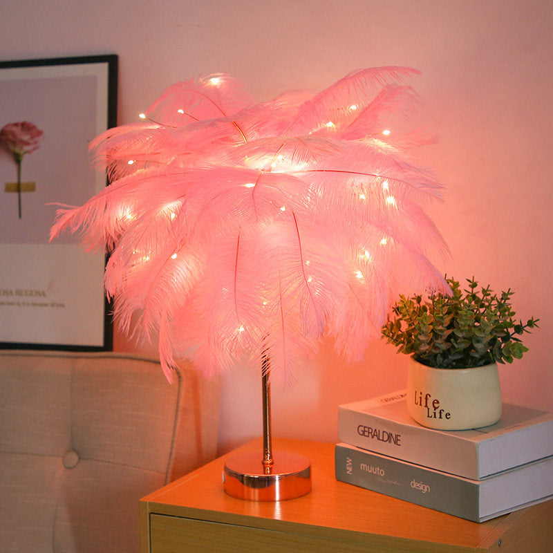 Stylish Pink/White Palmtree Night Lamp - Feather Battery Powered Led Table Light With Usb Charging