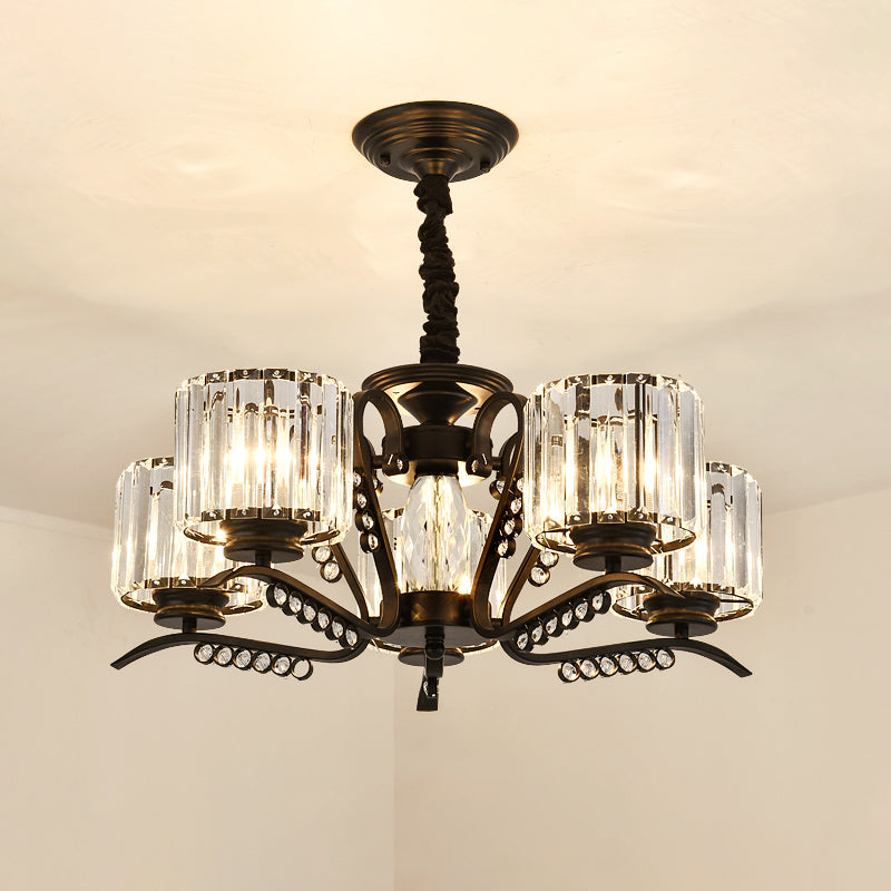 Modern Black Ceiling Chandelier With Crystal Cylinder Shade - 3/5 Heads Perfect For Living Rooms
