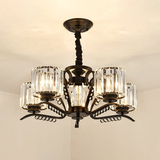 Modern Black Ceiling Chandelier With Crystal Cylinder Shade - 3/5 Heads Perfect For Living Rooms