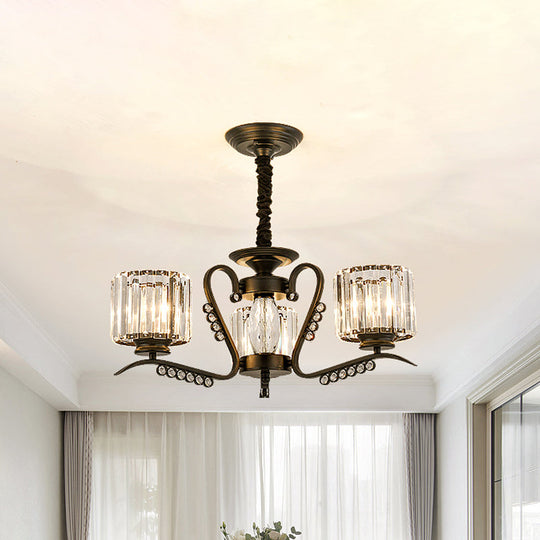 Modern Black Ceiling Chandelier With Crystal Cylinder Shade - 3/5 Heads Perfect For Living Rooms