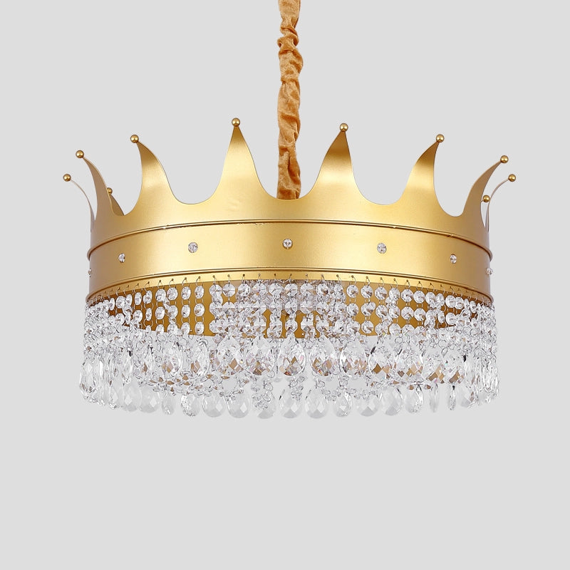Gold Metal Chandelier Light Modernist Crown Shape 4 Bulb Pendant Lamp with Crystal Droplet for Stylish Living Room Gold