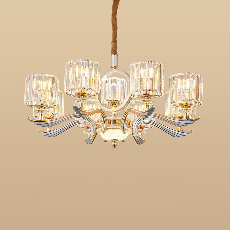 Contemporary Crystal Block Cylinder Suspension Light Chandelier - Silver 6/8-Head Ideal For Dining