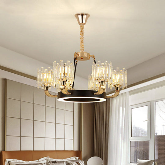 Modern Metal Ring Chandelier With Crystal Shade - 6/8-Bulb Pendant Light For Living Room In Black &