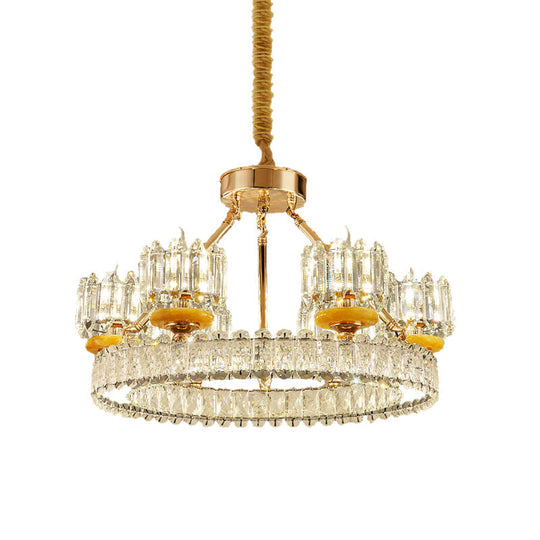 Modern Cylinder Crystal Chandelier Ceiling Light With Gold Ring - 6/8 Bulb Options