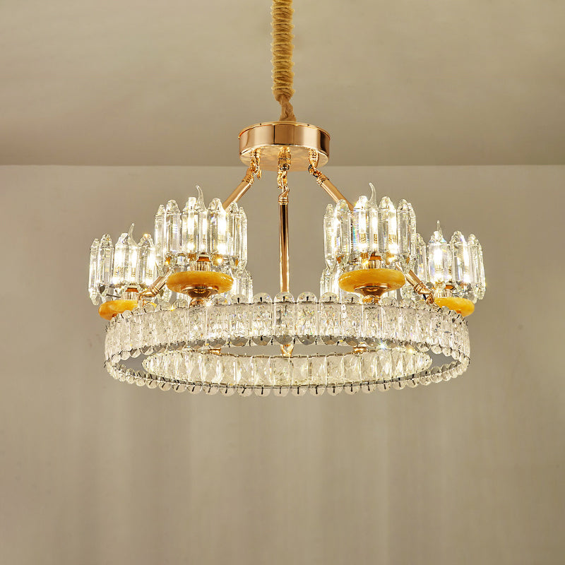 Modern Cylinder Crystal Chandelier Ceiling Light With Gold Ring - 6/8 Bulb Options