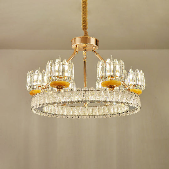 Modern Cylinder Crystal Chandelier Ceiling Light With Gold Ring - 6/8 Bulb Options
