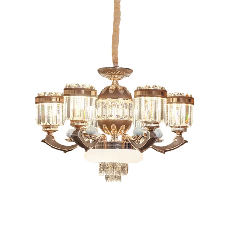 Modern 6/8-Light Gold Chandelier Pendant With Crystal Block Shade For Living Room Ceiling