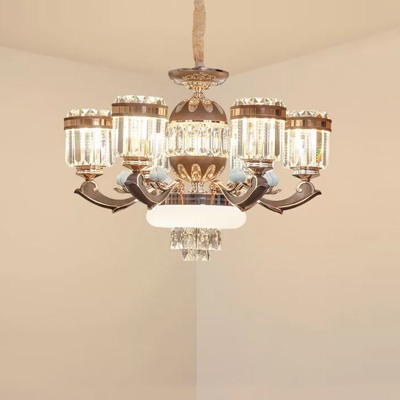 Modern 6/8-Light Gold Chandelier Pendant With Crystal Block Shade For Living Room Ceiling