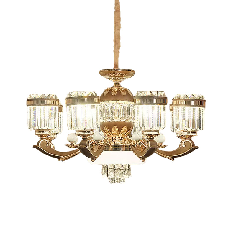 Modern 6/8-Light Gold Chandelier Pendant With Crystal Block Shade For Living Room Ceiling