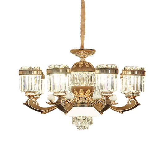 Modern 6/8-Light Gold Chandelier Pendant With Crystal Block Shade For Living Room Ceiling