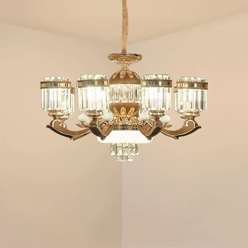 Modern 6/8-Light Gold Chandelier Pendant With Crystal Block Shade For Living Room Ceiling