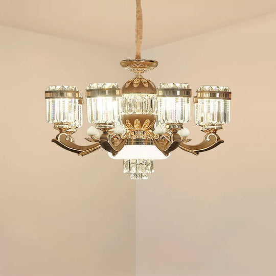 Modern 6/8-Light Gold Chandelier Pendant With Crystal Block Shade For Living Room Ceiling