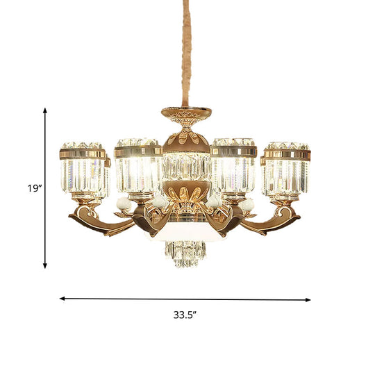 Modern 6/8-Light Gold Chandelier Pendant With Crystal Block Shade For Living Room Ceiling