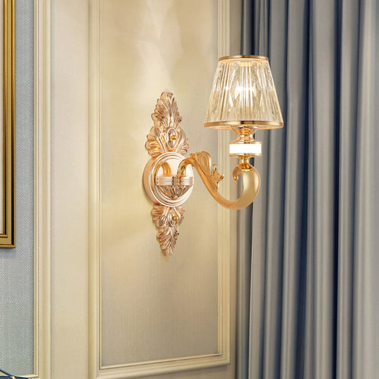 Modern Gold Wall Sconce With Crystal Cone Shade - Bedside/Room Fixture 1 /