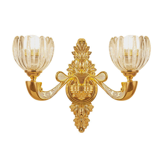 Modern Beveled Crystal Dome Sconce Light Fixture: Gold 1/2-Bulb Wall Lamp For The Bedroom