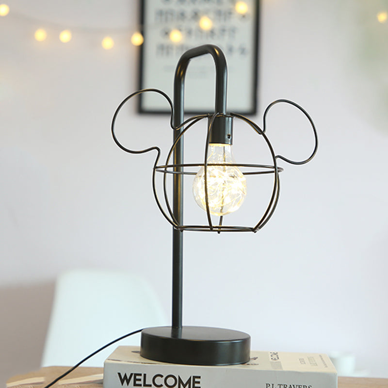 Black Mouse Head Led Nightstand Lamp For Kids With Adjustable Gooseneck Arm And Cage Design