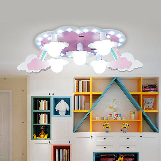 Rainbow Girls Wood Ceiling Lamp: Pink 5-Light Cartoon Flush Mount With Open Bulb Design