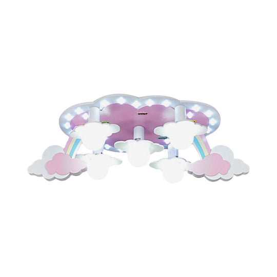 Rainbow Girl’s Wood Ceiling Lamp: Pink 5 - Light Cartoon Flush Mount With Open Bulb Design