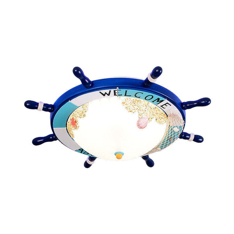 Flush Mount Wood Ship Rudder Led Ceiling Light In Mediterranean Blue/Light-Blue With Matte Glass