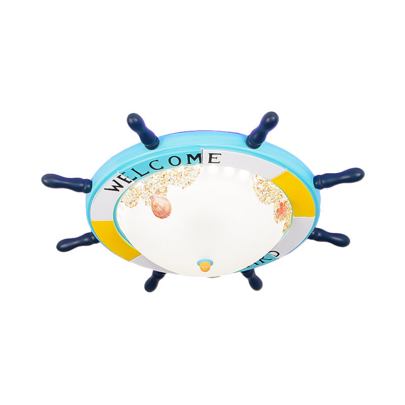 Flush Mount Wood Ship Rudder Led Ceiling Light In Mediterranean Blue/Light - Blue With Matte Glass