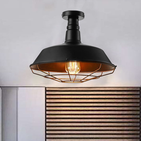 Black Vintage Metal Cage Ceiling Light Semi Flush Mount Indoor 1-Head Lighting With Barn Shade -