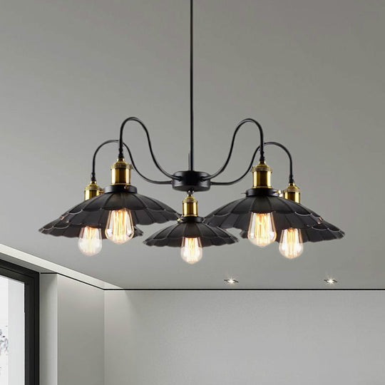 Industrial Metal Chandelier With Scalloped Design - Black Finish 5 Heads Indoor Pendant Lighting