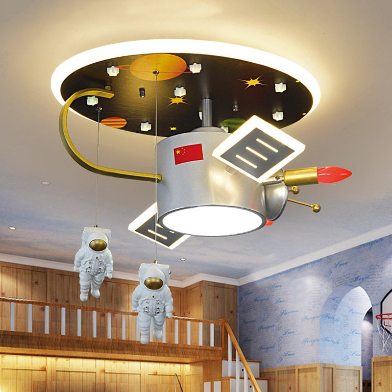 Cartoon Led Flush Mount Nickel Astronaut And Space Missile Ceiling Lamp