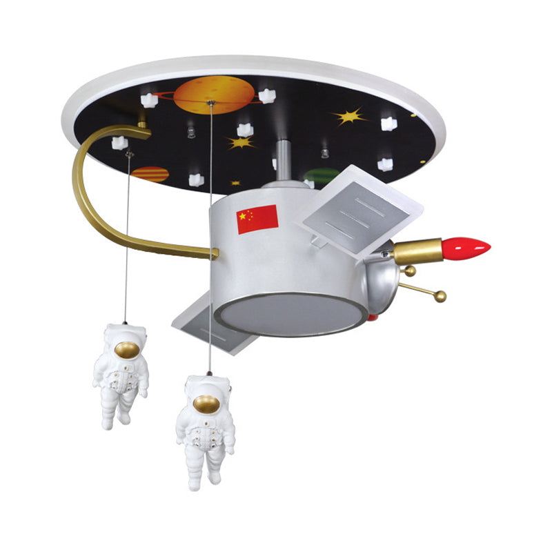 Cartoon Led Flush Mount Nickel Astronaut And Space Missile Ceiling Lamp