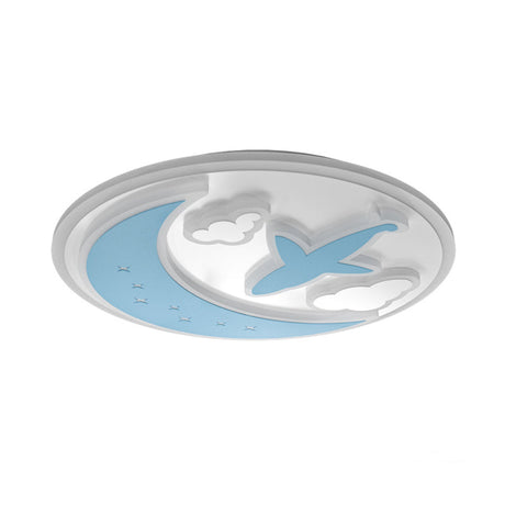 Blue And White Led Moon Ceiling Light With Carved Plane & Cloud Design