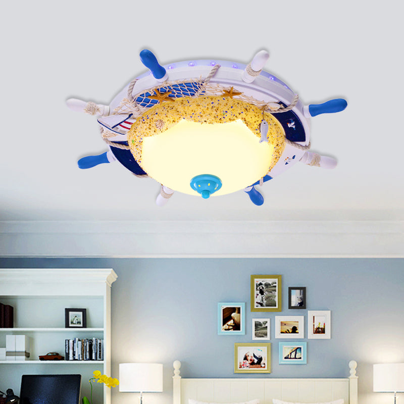 Frosted Dome Opal Glass Ceiling Light - Kid’s White Led Flush Mount With Rudder Canopy & Marine