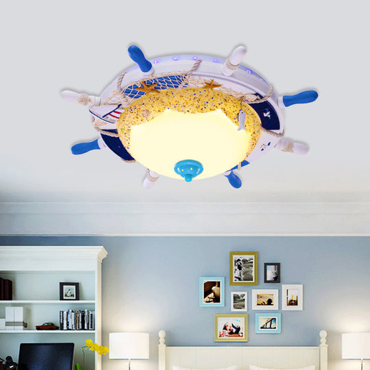 Frosted Dome Opal Glass Ceiling Light - Kid’s White Led Flush Mount With Rudder Canopy & Marine