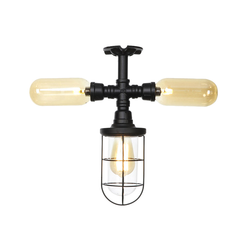 Sleek 3-Head Foyer Semi Flush Mount In Black With Clear Glass Ball/Capsule And Cage