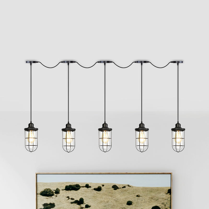 Minimalist Black Multi Light Chandelier With Clear Glass Cage - Farmhouse Tandem Ceiling Lamp
